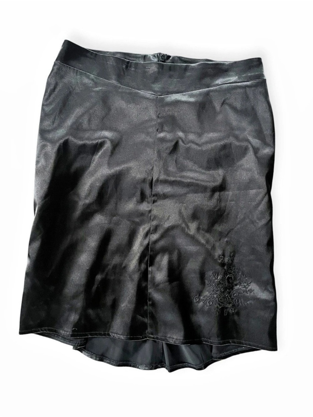 Vintage Y2K Black Satin Slip Pencil Skirt Embroidered 90s Soft Goth Office Siren